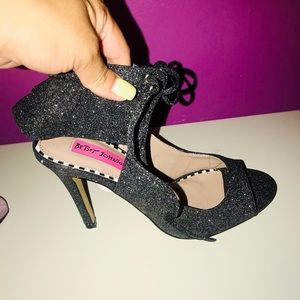 Betsey Johnson Lace Up Ruffle Black Glitter Heels